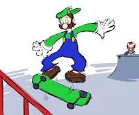 Luigi Mario doing a kickflip. Zip Toad is watching.